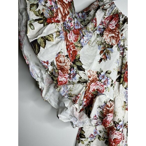 LPA Romper Size Medium Women's Linen Blend Bell Sleeve Short Floral Romper Ivory - Picture 4 of 7